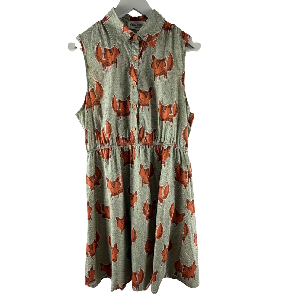 LaVieLente Fox Print Sleeveless Cotton‎ Shirt Dress Green Orange M/L Whimsical